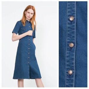 Zara Button Down Denim Midi Dress